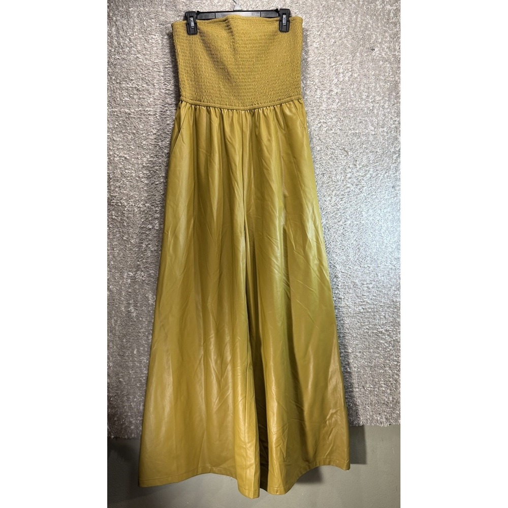 Pilcro Anthropologie Faux Leather Smocked Wide-Leg Jumpsuit M Boho Preppy - Picture 2 of 16